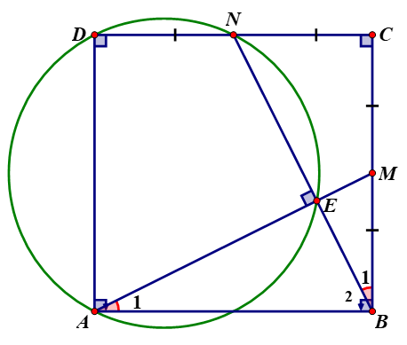 Cho hình vuông ABCD, gọi M và N lần lượt là trung điểm của BC và CD, gọi E là giao điểm của AM và BN. Chứng minh tứ giác ADNE nội tiếp đường tròn (ảnh 1)