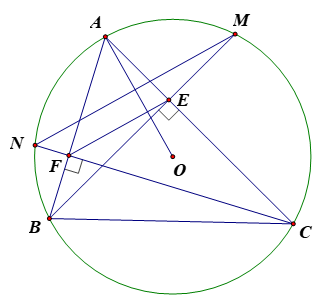 Cho tam giác ABC có ba góc nhọn nội tiếp trong đường tròn (O; R). Các đường cao BE và CF cắt nhau tại H. (ảnh 1)