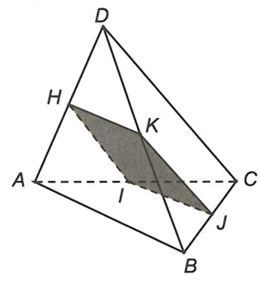 Cho tứ diện ABCD. Gọi I, J và K lần lượt là trung điểm của AC, BC và BD. Giao tuyến của hai mặt phẳng (ABD) và (IJK) là (ảnh 1)