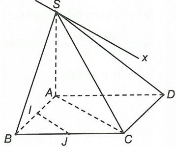 Cho hình chóp S.ABCD. Gọi I, J lần lượt là trung điểm của AB và BC. Giao tuyến của hai mặt phẳng (SAC) và (SIJ) là một đường thẳng song song với (ảnh 1)