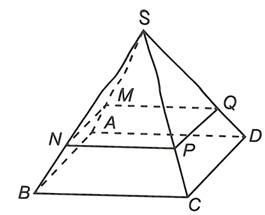 Cho hình chóp tứ giác đều S.ABCD có cạnh đáy bằng 10. Gọi M là điểm trên SA sao cho SM/SA = 2/3 (ảnh 1)