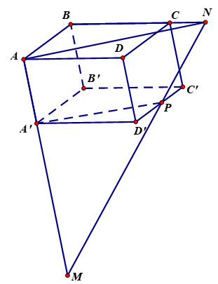 Cho hình hộp ABCDA'B'C'D'. Một đường thẳng đen ta cắt các đường thẳng AA', BC, C'D' lần lượt tại M, N,P (ảnh 1)