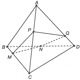 Cho tứ diện ABCD có các điểm M, N, P lần lượt thuộc các cạnh BC, BD và AC sao cho BC = 4BM (ảnh 1)