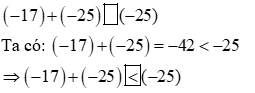 Điền dấu (>, <, =) vào chỗ trống: (-17) + (-25) ô trống (-25)  (ảnh 2)