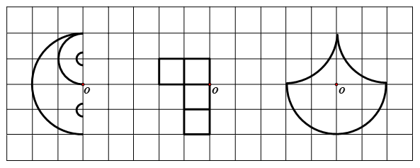 Em hãy vẽ thêm vào mỗi hình dưới đây để được các hình có điểm  O là tâm đối xứng. (ảnh 1)