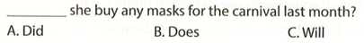 she buy any masks for the carnival last month? A. Did B. Does C. Will  (ảnh 1)