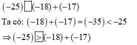 Điền dấu (>, <, =) vào chỗ trống: (-25) ô trống (-18) + (-17) (ảnh 2)