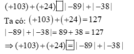 Điền dấu (>, <, =) vào chỗ trống:(+103) + (+24) ô trống |-89| + |-38| (ảnh 2)