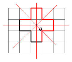 b) Một đường gấp khúc có độ dài bằng 8 đơn vị để được một hình có tâm đối xứng và có 4 trục đối xứng. (ảnh 1)