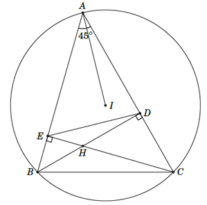 Cho tam giác ABC  có ba góc nhọn và góc A bằng 45 độ . Gọi D , E  lần lượt là các hình chiếu vuông góc của B , C  lên AC ,  AB;  H là giao điểm của  BD và CE . a) Chứng minh tứ giác BECD  nội tiếp. b) Chứng minh DE.AB=BC.AD  và tính tỉ số ED/BC . c) Chứng minh HE+HD=BE+CD . d) Gọi I  là tâm đường tròn ngoại tiếp của tam giác ABC . Chứng minh AI vuông góc với DE . (ảnh 1)