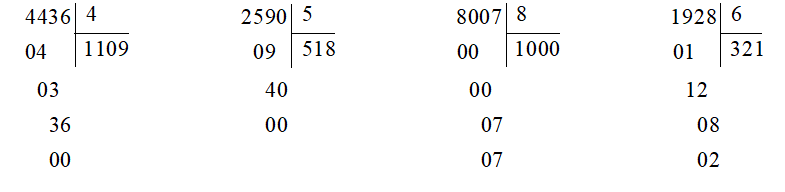 Đặt tính rồi tính.   4 436 : 4 2 590 : 5 8 007 : 8 1 928 : 6   Đặt tính rồi tính (ảnh 1)