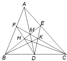 Cho tam giác ABC với điểm M nằm trong tam giác. Các tia AM, BM, CM cắt các cạnh BC, CA, AB tương (ảnh 1)