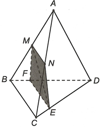 Cho tứ diện ABCD; gọi M, N lần lượt là trung điểm các cạnh AB và AC, E là điểm trên cạnh CD với ED = 3EC (ảnh 1)