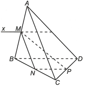 Cho tứ diện ABCD. Gọi M, N, P lần lượt là trung điểm của AB, BC, CD. Tìm giao tuyến của hai mặt phẳng (ABD) và (MNP) (ảnh 1)
