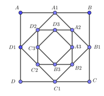 Cho hình vuông  ABCD có cạnh bằng  a Người ta dựng hình vuông  A1B1C1D1 có cạnh bằng  1/2 đường chéo  (ảnh 1)