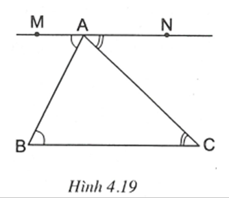 Cho tam giác ABC. Vẽ điểm M sao cho góc BAM bằng và so le trong với góc B. Vẽ điểm N sao góc CAN bằng và so le trong với góc C. Chứng tỏ rằng ba điểm M, A, N thẳng hàng. (ảnh 1)
