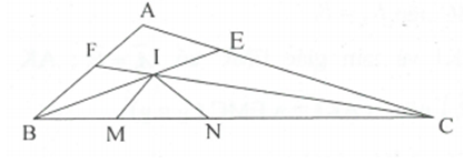 Cho tam giác ABC có góc A= 120 độ  . Các tia phân giác của BE; CF của góc ABC và  góc ACB cắt nhau tại I (ảnh 1)