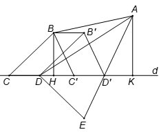 Cho hai điểm A, B cố định nằm cùng phía đối với đường thẳng d. Đoạn CD thuộc đường thẳng d (ảnh 1)