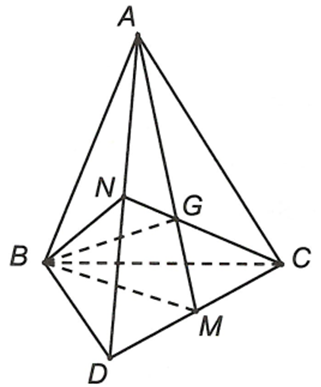 Cho tứ diện ABCD, gọi M, N lần lượt là trung điểm của CD và AD, G là trọng tâm tam giác ACD.  (ảnh 1)