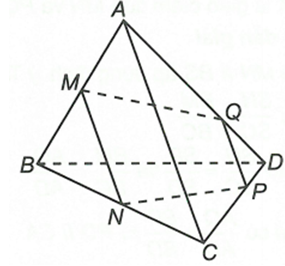Cho tứ diện ABCD. Gọi M, N là trung điểm của AB, BC và P là điểm nằm trên cạnh CD. Gọi Q là giao điểm của DA với mặt phẳng (MNP). (ảnh 1)