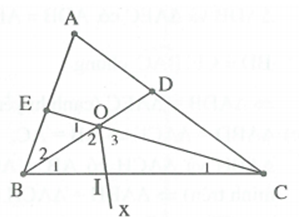 Cho tam giác ABC có góc A=60 độ  . Các tia phân giác góc B, góc C cắt nhau tại O và cắt AC; AB theo thứ tự D; E. Chứng minh rằng: OD=OE . (ảnh 1)