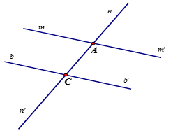 Vẽ hai đường thẳng mm' và nn' cắt nhau tại điểm A sao cho góc mAn có số đo bằng 60 độ  a) Kể tên tất cả các góc có đỉnh A hoặc C, không kể góc bẹt; (ảnh 1)