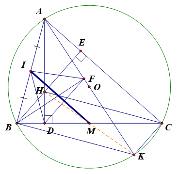 Cho tam giác ABC (AB<AC) nội tiếp đường tròn (O) có AD, BE là hai đường cao cắt nhau tại H, vẽ đường kính AK của đường tròn (O), (ảnh 1)