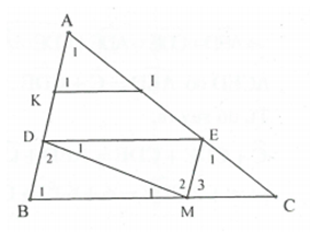 Cho tam giác ABC có BC= 5cm. Trên tia AB lấy điểm K và D sao cho AK=BM  .              (ảnh 1)