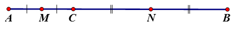 Cho đoạn thẳng AB dài 6cm, C là điểm nằm giữa A, B. Gọi M là trung điểm của AC và N là trung điểm của CB. Tính MN. (ảnh 1)