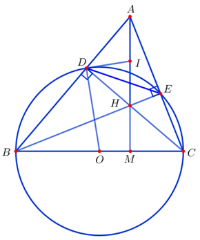 Cho tam giác ABC có 3 góc nhọn. Đường tròn (O) đường kính BC cắt các cạnh AB, AC lần lượt tại các điểm D và E. Gọi H là giao điểm của hai đường thẳng CD và BE. (ảnh 1)