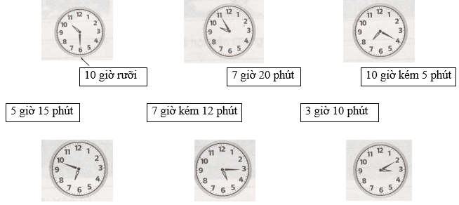 Nối( theo mẫu): 7 giờ 20 phút 10 giờ kém 5 giờ 15 phút 7 giờ 12 phút 3 giờ 10 phút (ảnh 1)