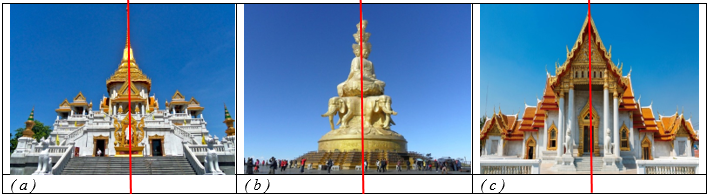 Các hình ảnh theo tại một số ngôi chùa ở Thái Lan sau đây có trục đối xứng không? Nếu có em hãy chỉ ra trục đối xứng của hình ảnh đó? (ảnh 2)