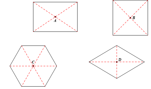 Cho hình vẽ sau, hãy cho biết hình nào có tâm đối xứng và xác định tâm đối xứng của hình đó? (ảnh 2)
