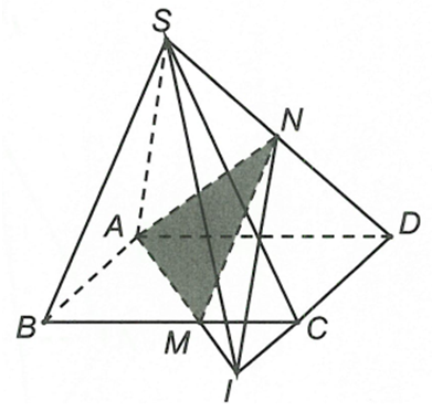 Cho hình chóp S.ABCD có đáy là hình bình hành. M, N lần lượt là trung điểm của BC và SD. Giao tuyến của hai mặt phẳng (AMN) và (SCD) là (ảnh 1)