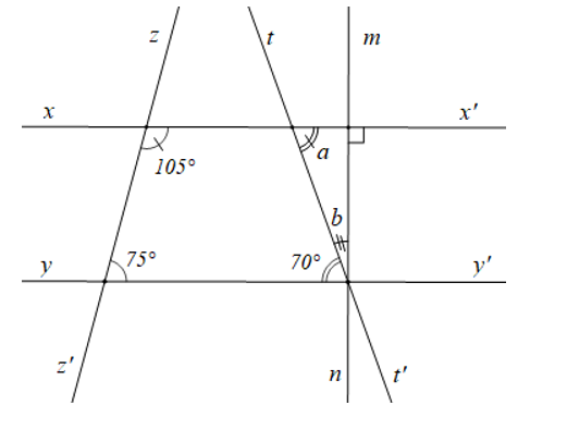 Cho các đường thẳng xx’, yy’, zz’, tt’ cắt nhau như hình vẽ dưới đây:   a) Vẽ lại hình (ảnh 1)