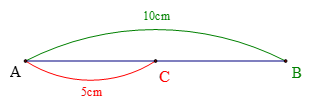 Cho đoạn thẳng AB = 10cm, Vẽ điểm C thuộc đoạn AB sao cho AC = 5cm.  a. Trong ba điểm A, B, C điểm nào nằm giữa hai điểm còn lại? (ảnh 1)