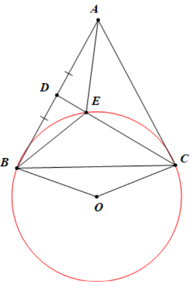 Cho điểm A nằm ngoài đường tròn (O). Từ A kẻ hai tiếp tuyến AB, AC với đường tròn (B, C là các tiếp điểm). Gọi D là trung điểm của AB. Đường thẳng DC cắt đường tròn tại E (E khác C). Chứng minh: a) Tứ giác ABOC nội tiếp. b) DB2 = DE.DC c)   (ảnh 1)