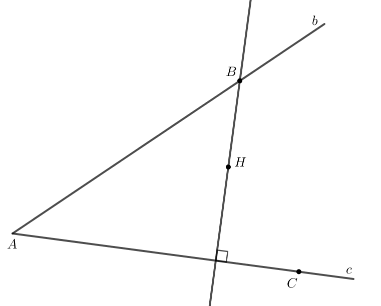 Cho hai đường thẳng không vuông góc b, c cắt nhau tại điểm A và cho điểm H không thuộc b và c (H.9.47). (ảnh 3)