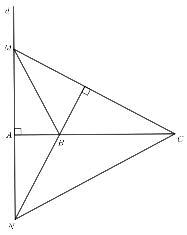 Cho ba điểm phân biệt thẳng hàng A, B, C. Gọi d là đường thẳng vuông góc với đường thẳng AB tại A (ảnh 1)