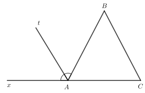 Cho tam giác ABC. Kẻ tia phân giác At của góc tạo bởi tia AB và tia đối của tia AC. (ảnh 1)