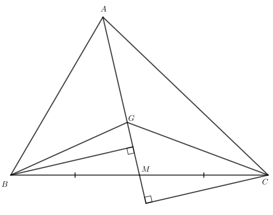 Kí hiệu SABC là diện tích tam giác ABC. Gọi G là trọng tâm của tam giác ABC, M là trung điểm của BC. (ảnh 1)