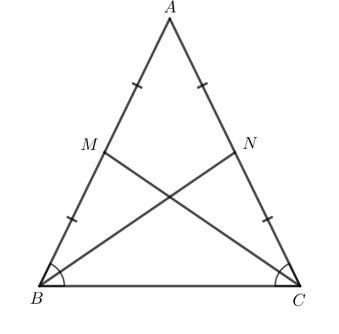 b) Ngược lại, nếu tam giác có hai đường trung tuyến bằng nhau thì tam giác đó cân. (ảnh 1)