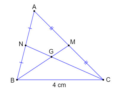 Xét hai đường trung tuyến BM, CN của tam giác ABC có BC = 4 cm. Trong các số sau (ảnh 1)