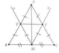 Cho tam giác ABC cân tại A, có M là trung điểm của BC. Chứng minh: a) EF là đường trung bình của tam giác ABC; (ảnh 1)