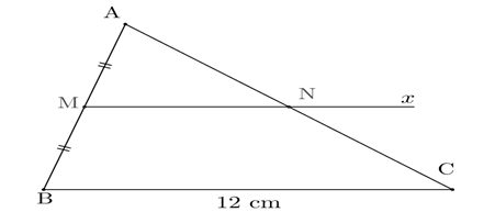 Cho tam giác ABC có độ dài BC = 12cm và M là trung điểm của cạnh AB. Tia Mx song song với BC cắt AC tại N. Chứng minh:  a. N là trung điểm của cạnh AC. (ảnh 1)