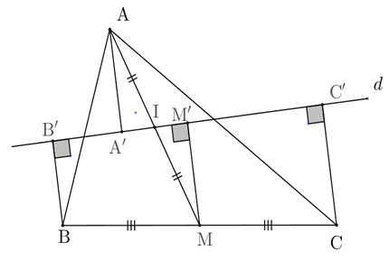 Cho tam giác ABC có AM là đường trung tuyến. Vẽ đường thẳng d. qua trung điểm I của AM cắt các cạnh AB, AC. (ảnh 1)