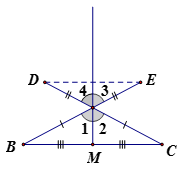 Cho tam giác ABC cân tại A,M là trung điểm của BC. Trên tia đối của tia AB lấy điểm E, trên tia đối của tia AC lấy điểm E sao cho AD = AE. (ảnh 1)