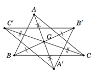 Cho tam giác ABC, trọng tâm G. Vẽ tam giác A'B'C' đối xứng với tam giác ABC  qua trọng tâm G.  Có nhận xét gì về điểm G đối với tam giác A'B'C'? (ảnh 1)