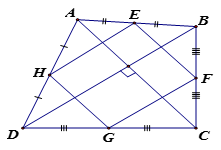 Cho tứ giác ABCD có hai đường chéo vuông góc với nhau.   a) Chứng minh EFGH là hình bình hành. (ảnh 1)