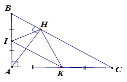 Cho tam giác ABC vuông tại A, đường cao AH. Gọi I, K theo thứ tự là trung điểm của AB, AC Chứng minh:  a) IHK = 90 độ (ảnh 1)